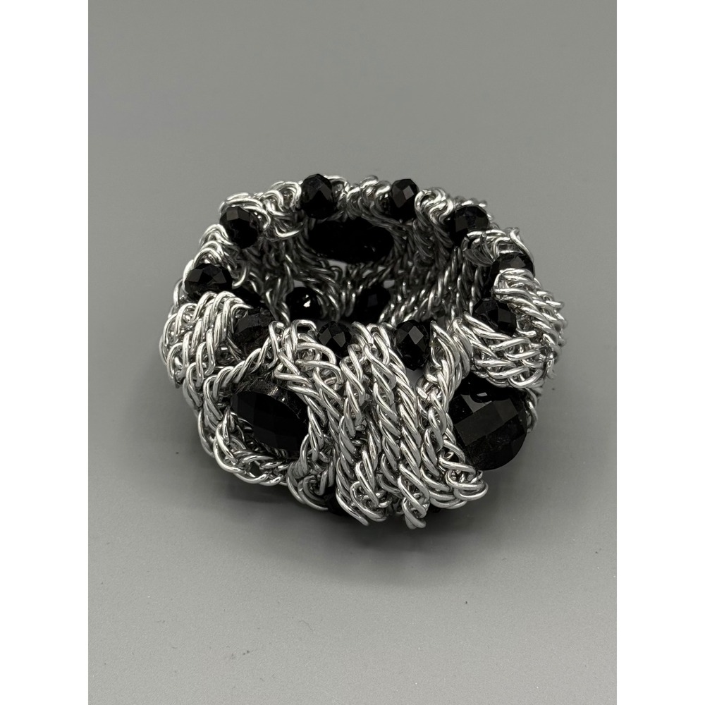 Chunky Silver Chainmail Stretch Bracelet Black Faceted Beads Statement Cuff y2k‎